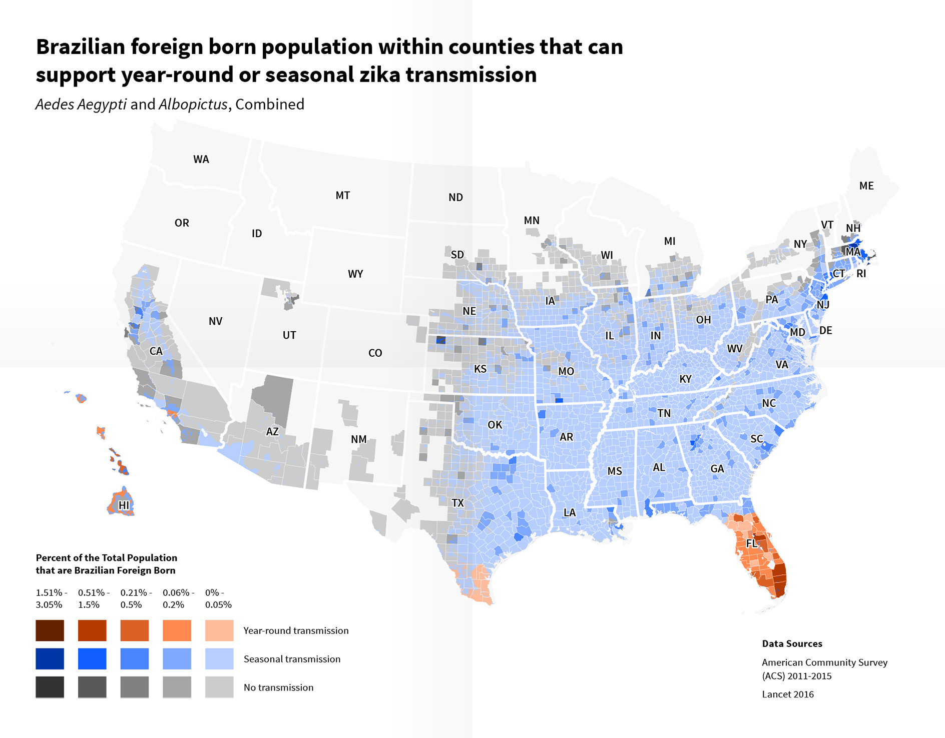 Data visualisation of Brazilian foreign born population within counties that can support year-round or seasonal zika transmission
